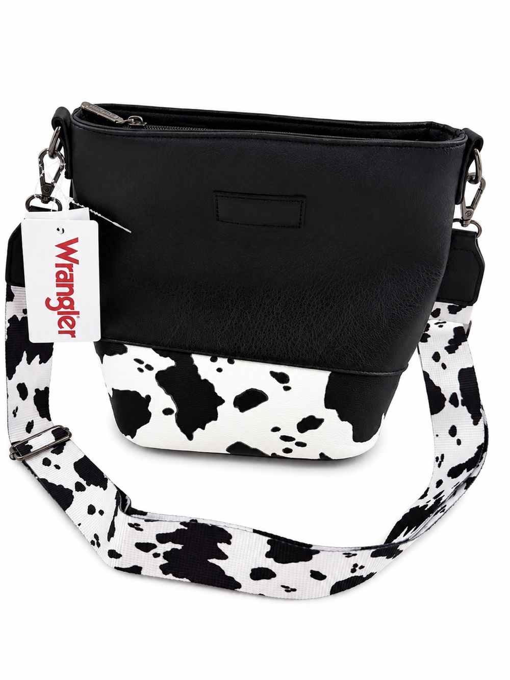 Wrangler Black with White Cow-Print Accent Crossbody Bag